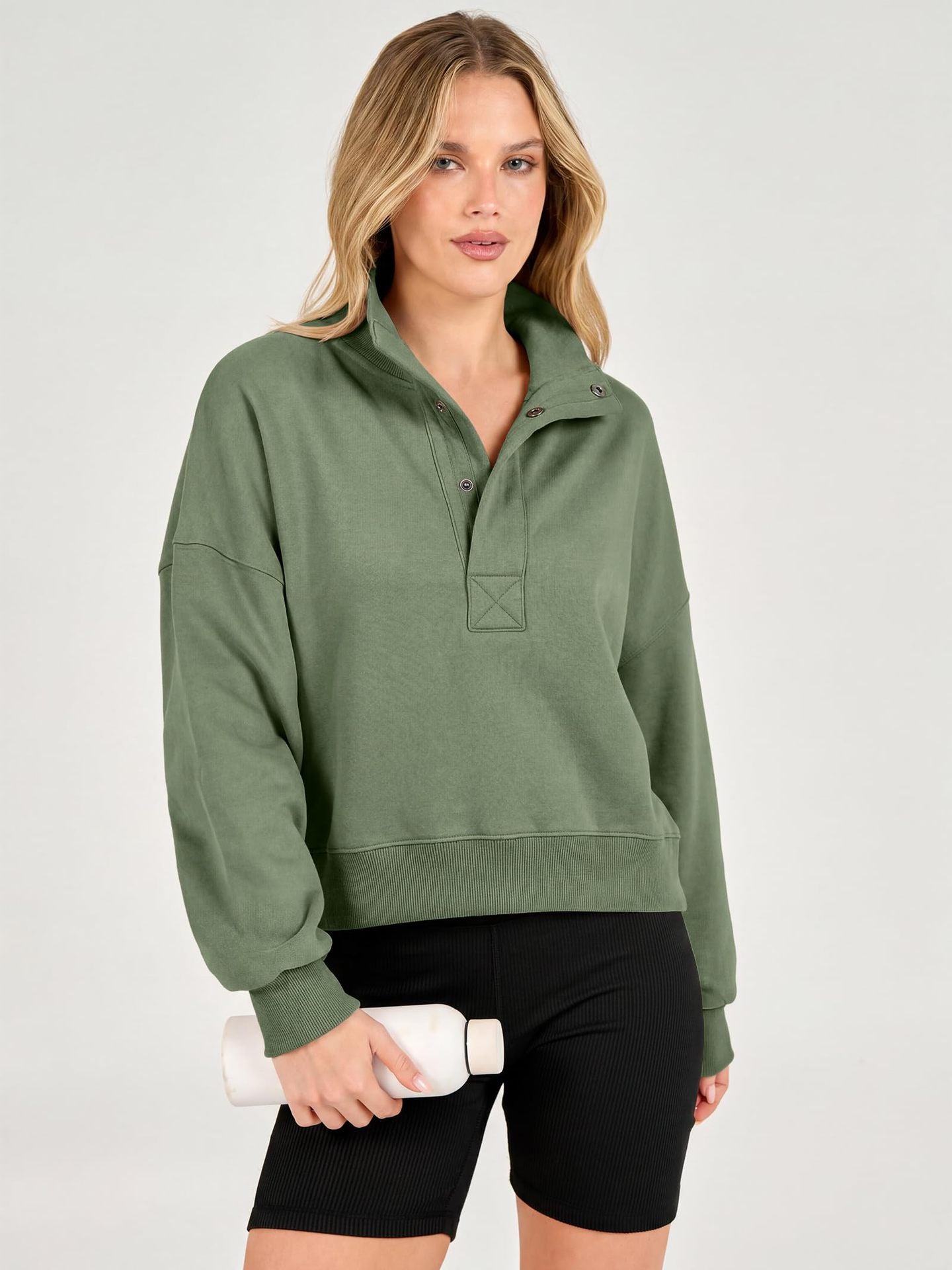 Cropped Henley Sweatshirt Polo Collar Relaxed Fit