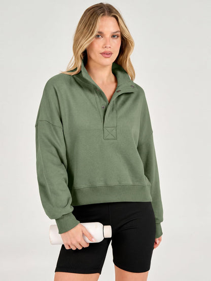 Cropped Henley Sweatshirt Polo Collar Relaxed Fit