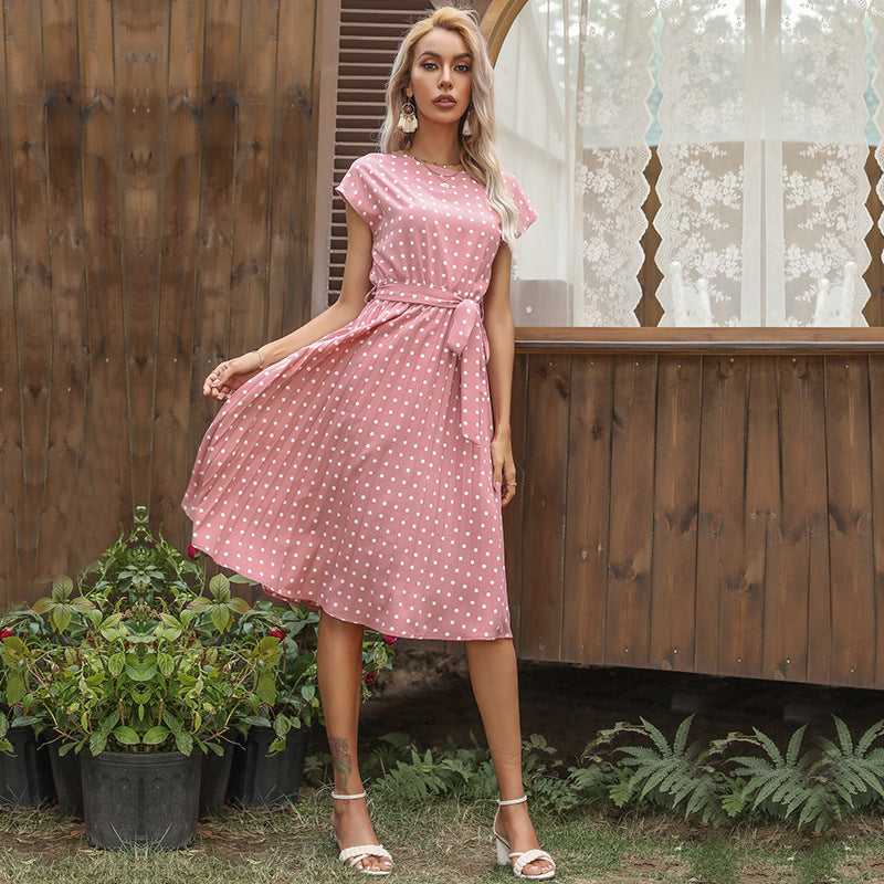 Polka Dot Midi Dress Pleated Tie Waist Short Sleeve