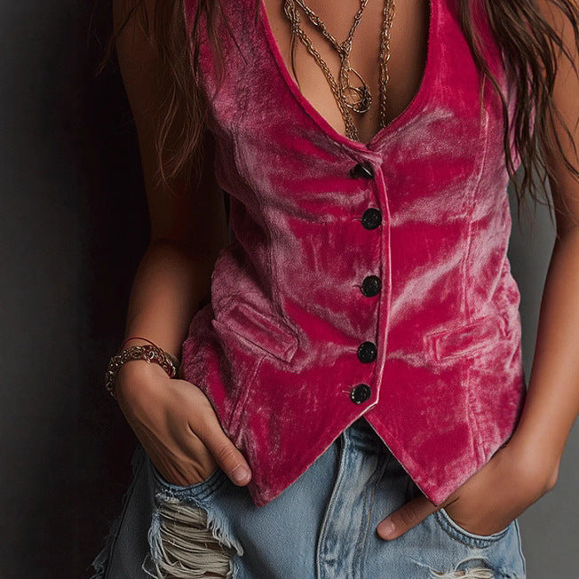 Women's Velvet V Neck Button Front Fitted Vest