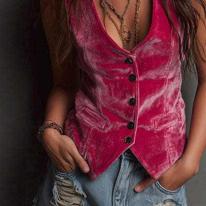 Women's Velvet V Neck Button Front Fitted Vest