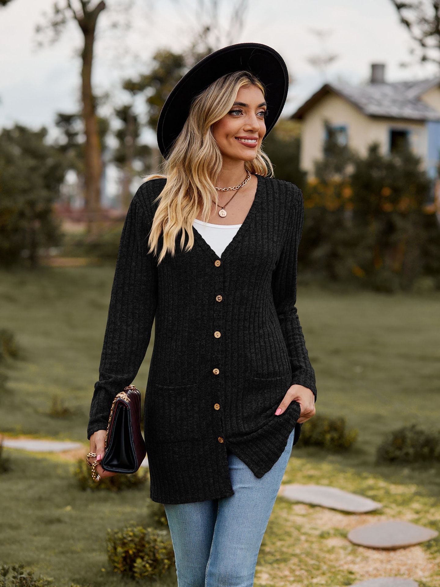 Ribbed Knit Cardigan Long Sleeve Button Pocket Sweater