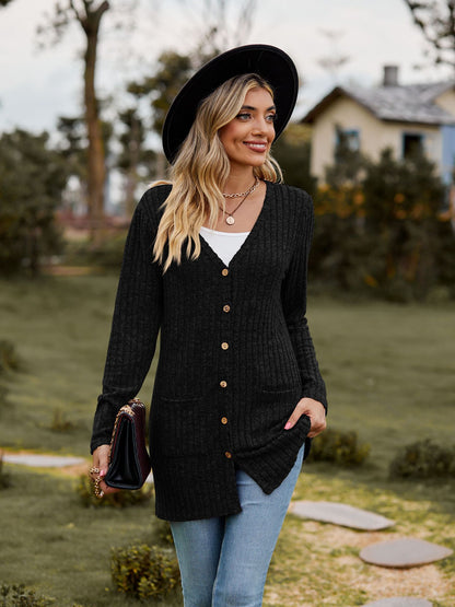 Ribbed Knit Cardigan Long Sleeve Button Pocket Sweater