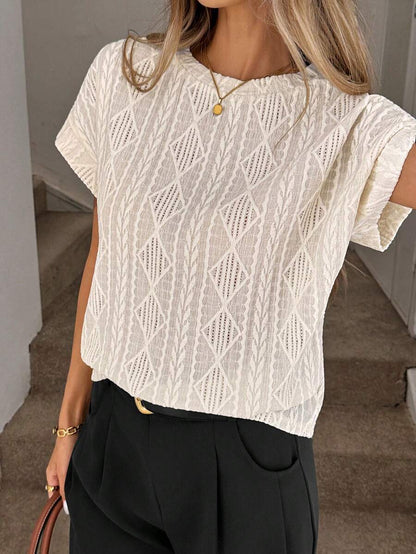 Textured Jacquard Knit Crew Neck Short Sleeve Top