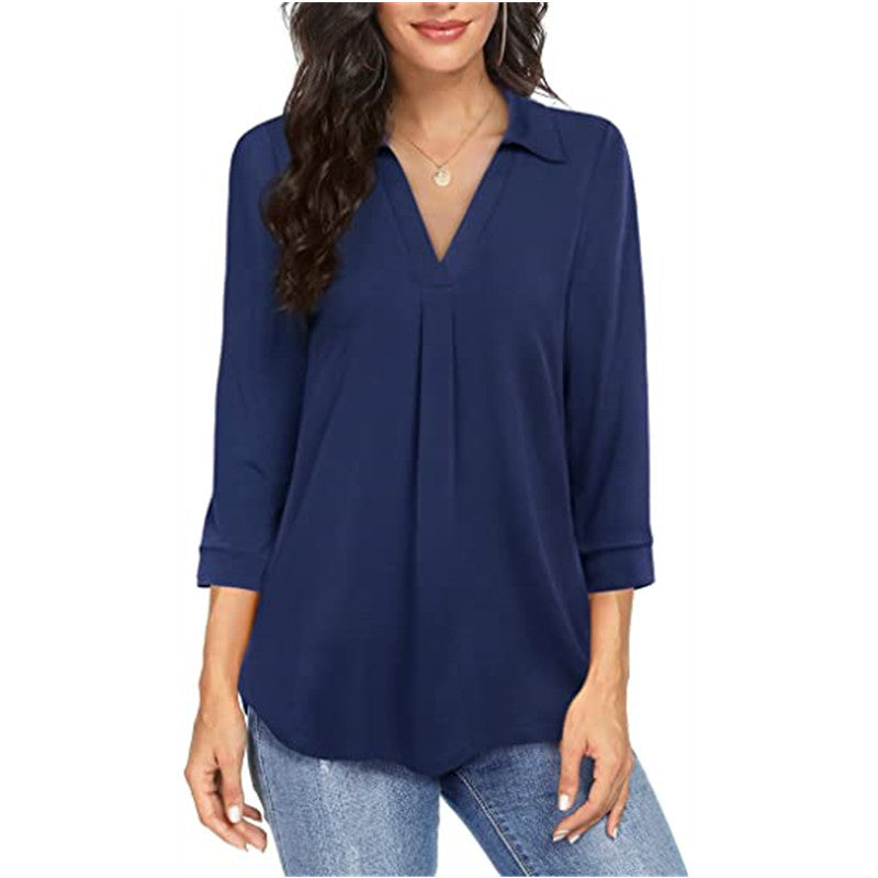 Women's V Neck Chiffon Blouse 3/4 Sleeve Loose Button Top