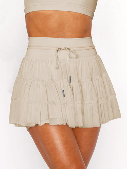 Solid Pleated Skort High Waist Ruffle Tiered Mini