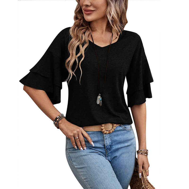 Customizable  Women's V-Neck Flutter Sleeve Top – Casual Summer T-Shirt