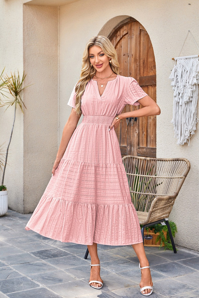 Solid Cotton Maxi Dress V Neck Puff Sleeve Smocked Dress