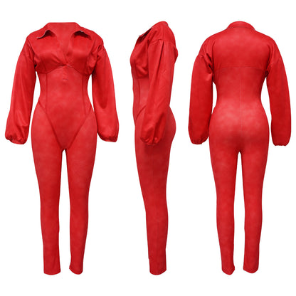 Sexy Ribbed Long Sleeve Zip Up Bodycon Jumpsuit