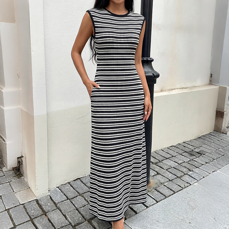 Striped Sleeveless Ribbed Knit Bodycon Maxi Dress