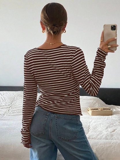Striped thermal Henley top long sleeve fitted style