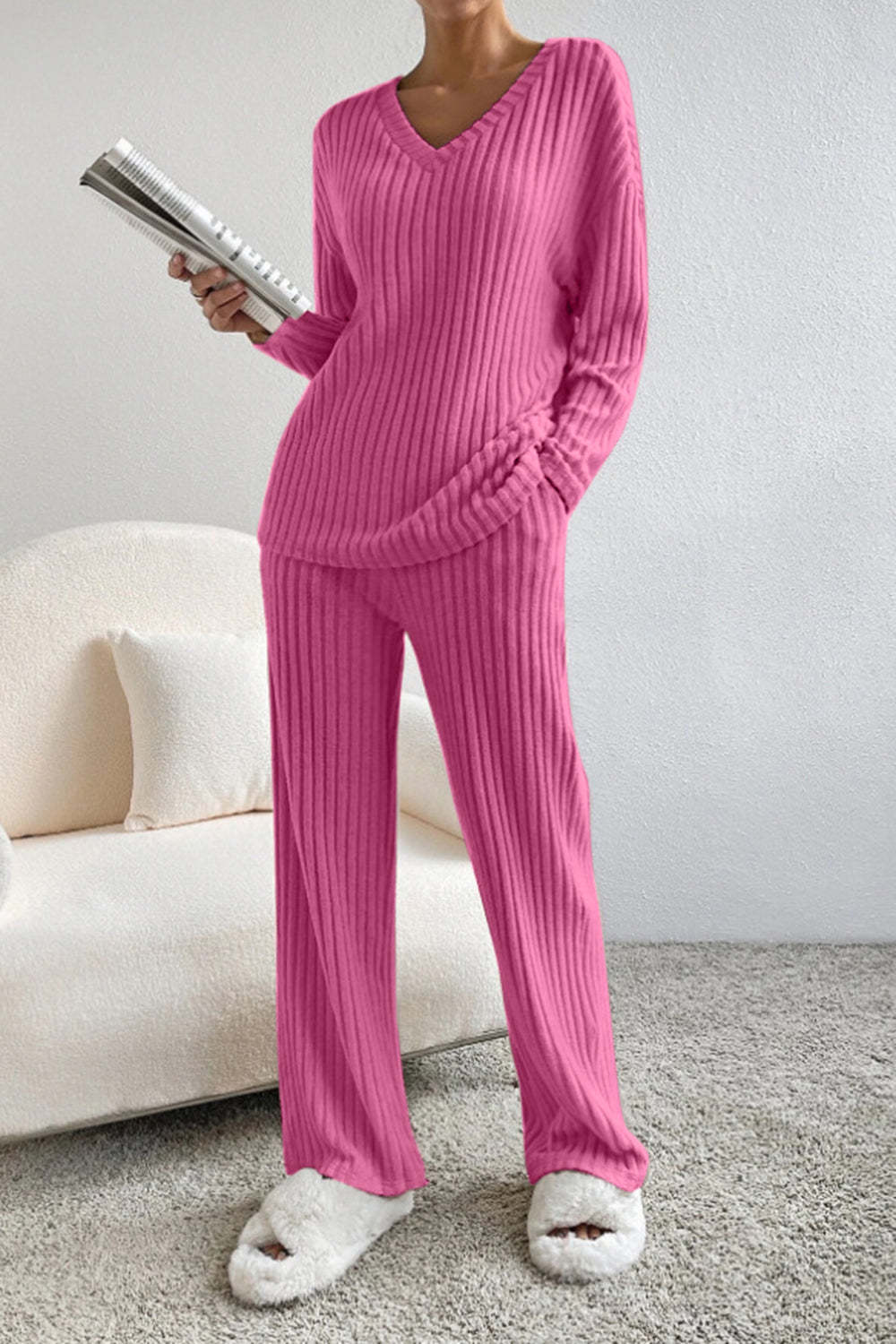 Women's Ribbed Knit V-Neck Two-Piece Lounge Set