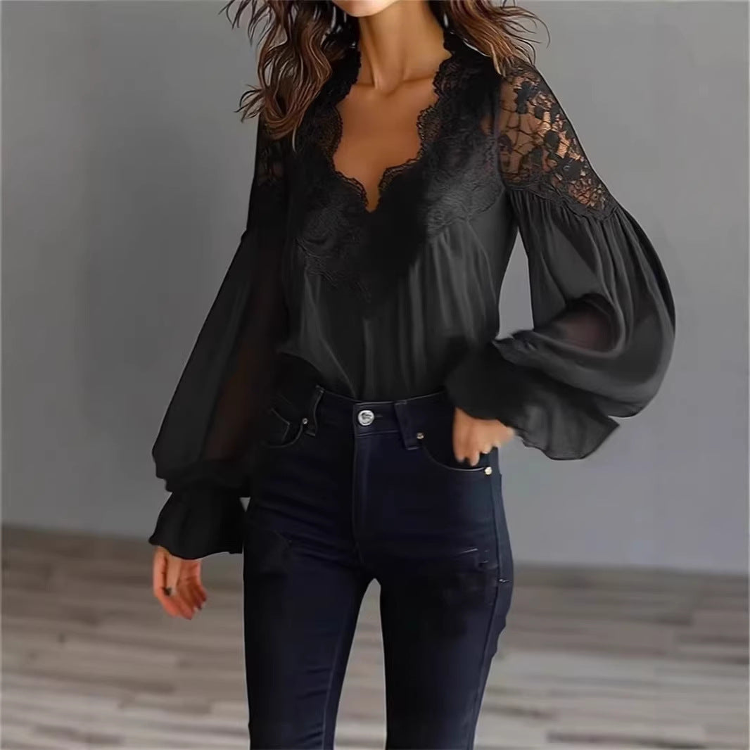Women's Lace V-Neck Puff Sleeve Pleated Blouse