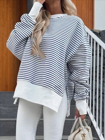 Oversized Striped Crewneck Sweatshirt Thumb Hole Side Slit