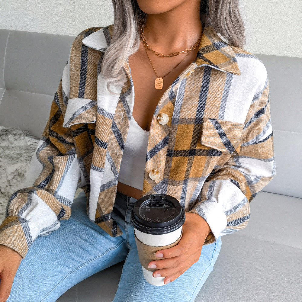 Trendy Plaid Lantern Sleeve Woolen Jacket – Cozy Fall/Winter Outerwear