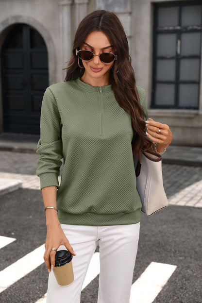 Quilted Half Zip Sweatshirt Loose Textured Pullover