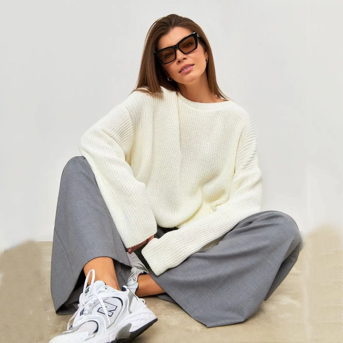 Women's Oversized Crew Neck Knit Sweater Balloon Sleeve