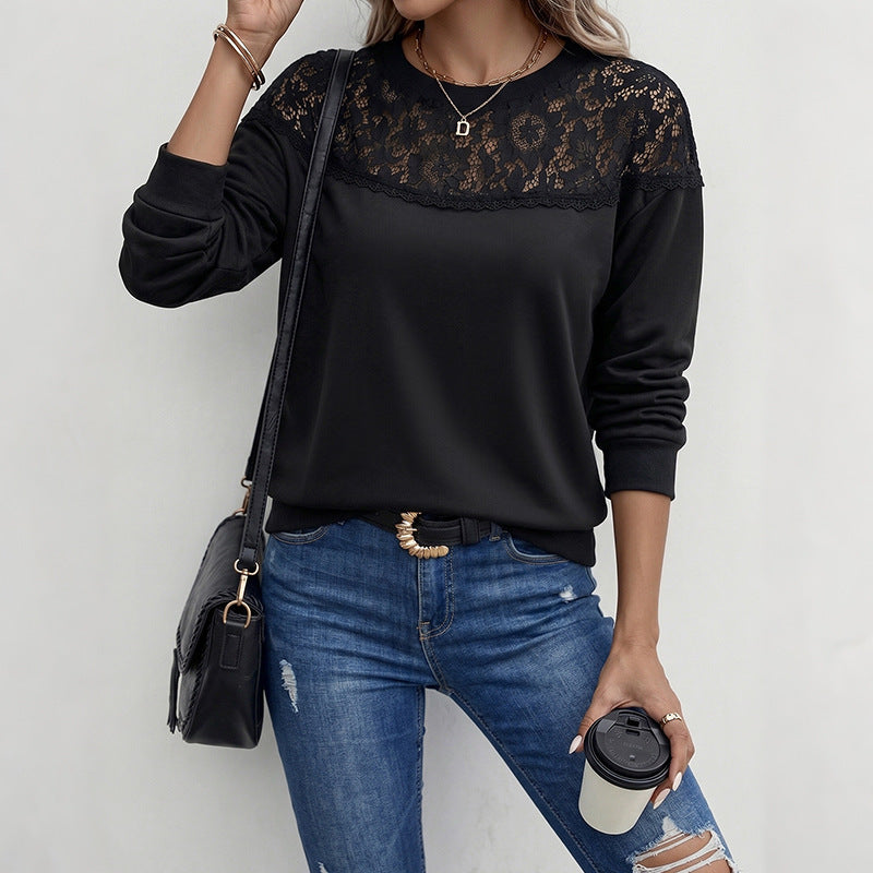 Lace Patchwork Sweatshirt Women Casual Black Pullover Top