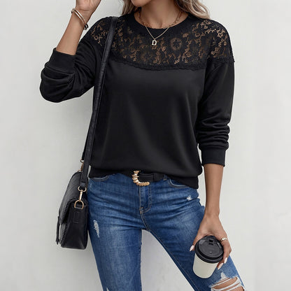 Lace Patchwork Sweatshirt Women Casual Black Pullover Top