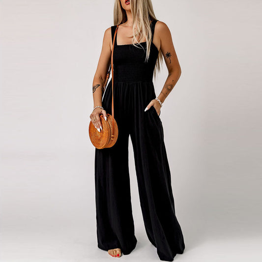 Simple High Waisted Strapless Wide Leg Wrap Pure Black One-piece Trousers Plus Size