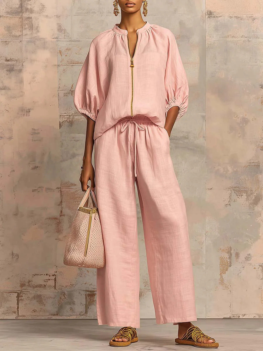 Women's Zip Front Bubble Sleeve Wide Leg Pants Set