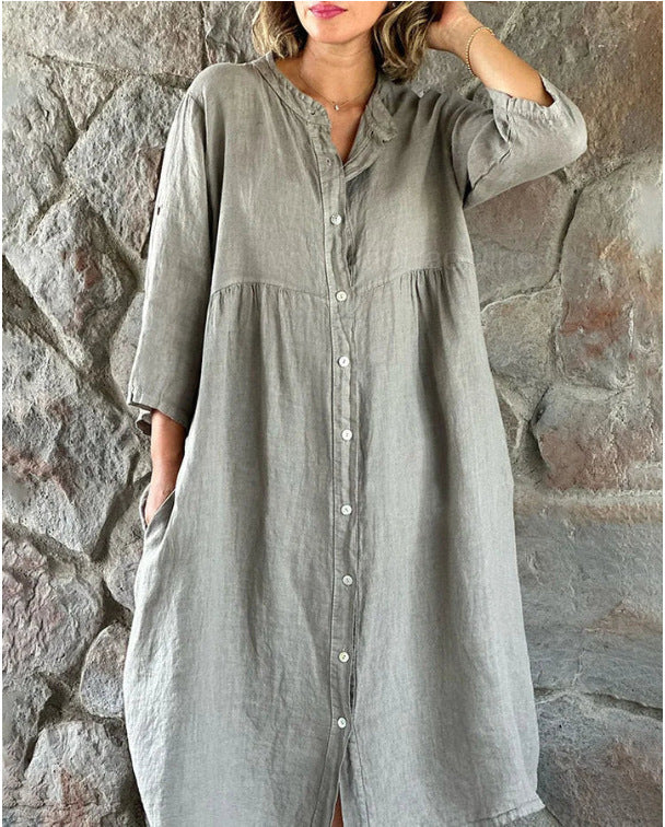 Women's Cotton Linen Button Down Maxi Dress Loose Fit