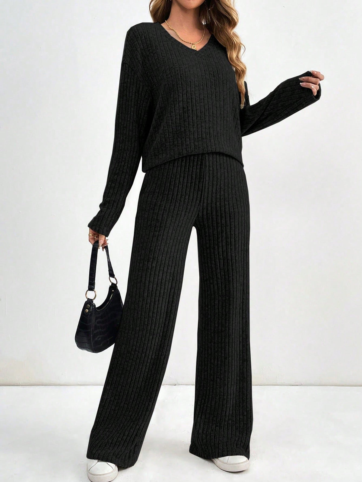 Women's Ribbed Knit V-Neck Top & Pants Two Piece Set