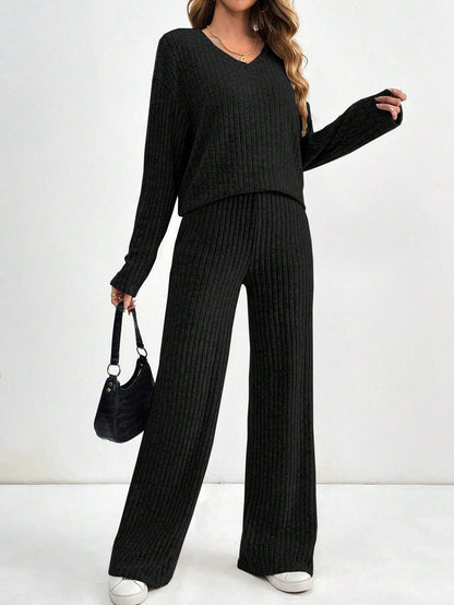 Women's Ribbed Knit V-Neck Top & Pants Two Piece Set