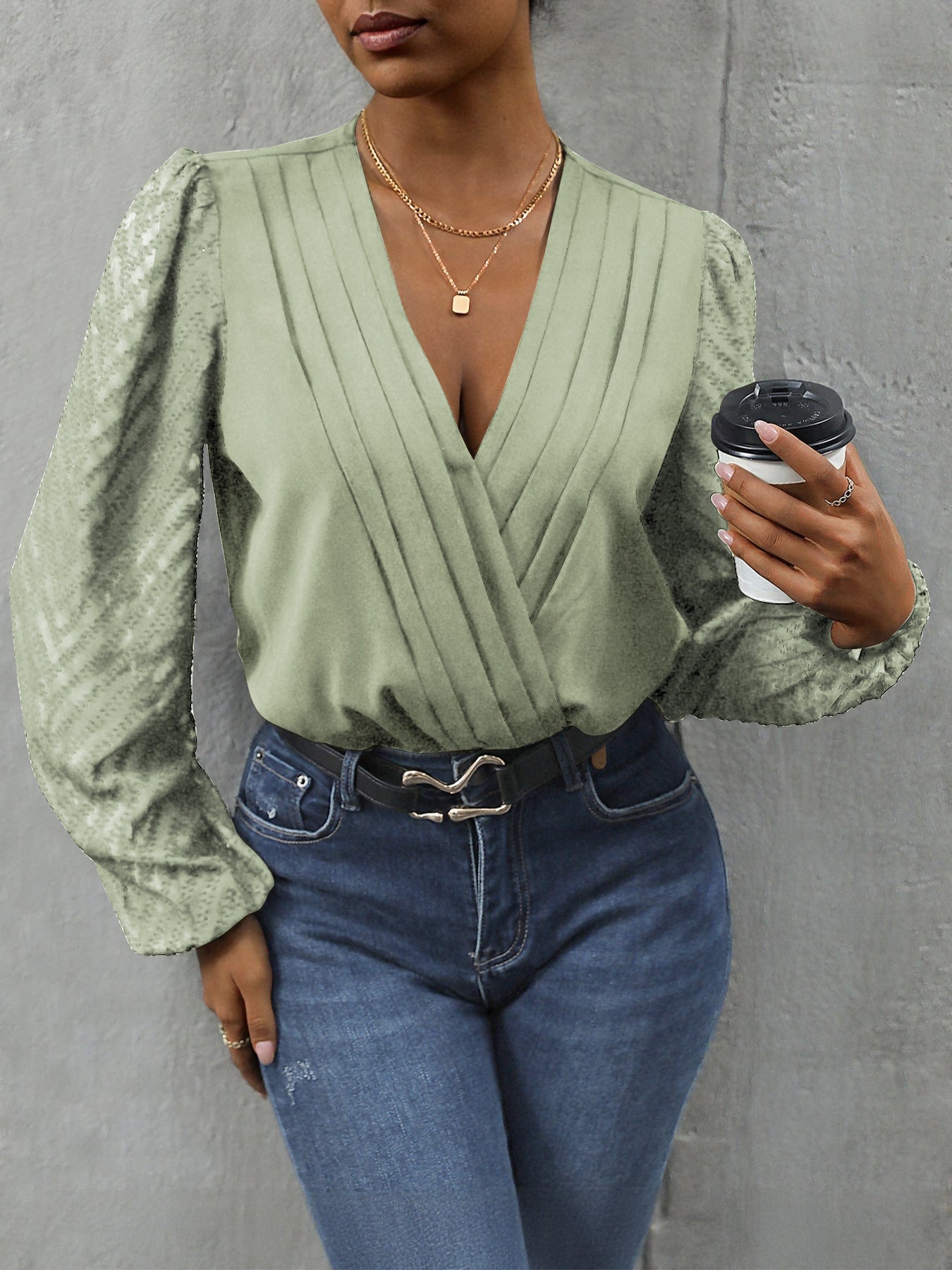 Lace Sleeve V Neck Surplice Bodysuit Long Sleeve Top