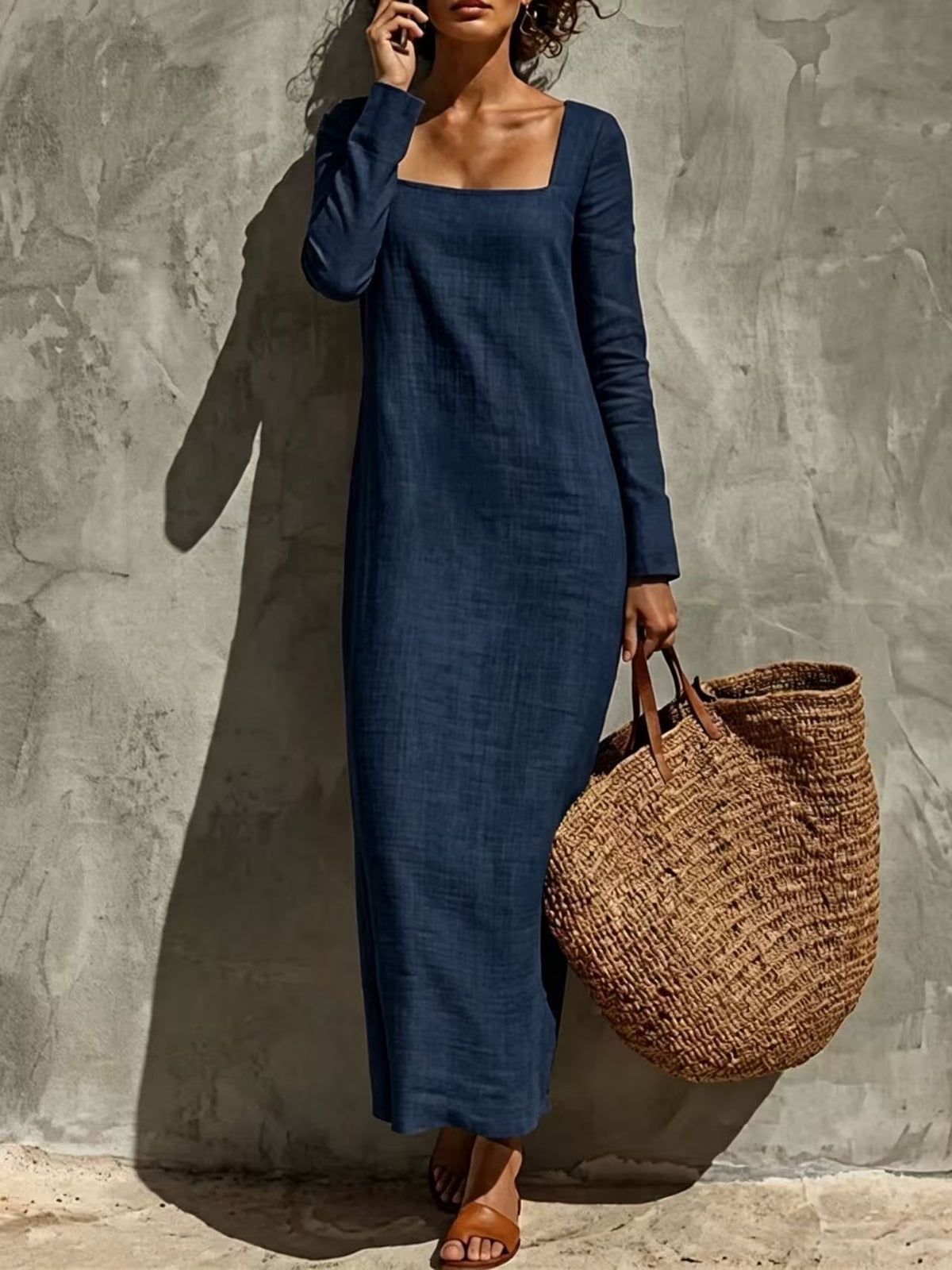 Women's Square Neck Long Sleeve Straight Maxi Dress Casual