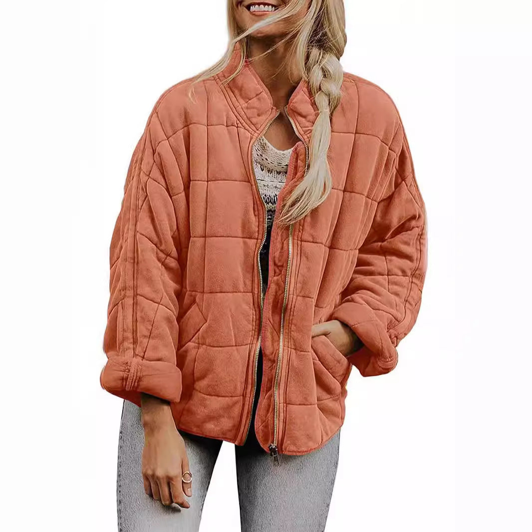 Women's Oversized Quilted Stand Collar Zip-Up Jacket