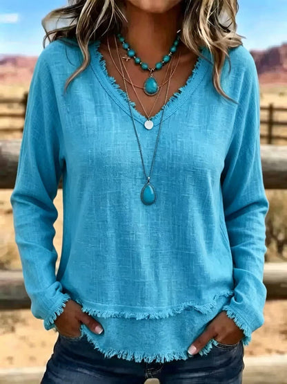Women's Frayed Hem V-Neck Long Sleeve Casual Top