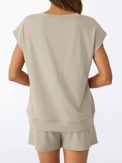 V Neck Casual Lounge Set Short Sleeve Top and Shorts