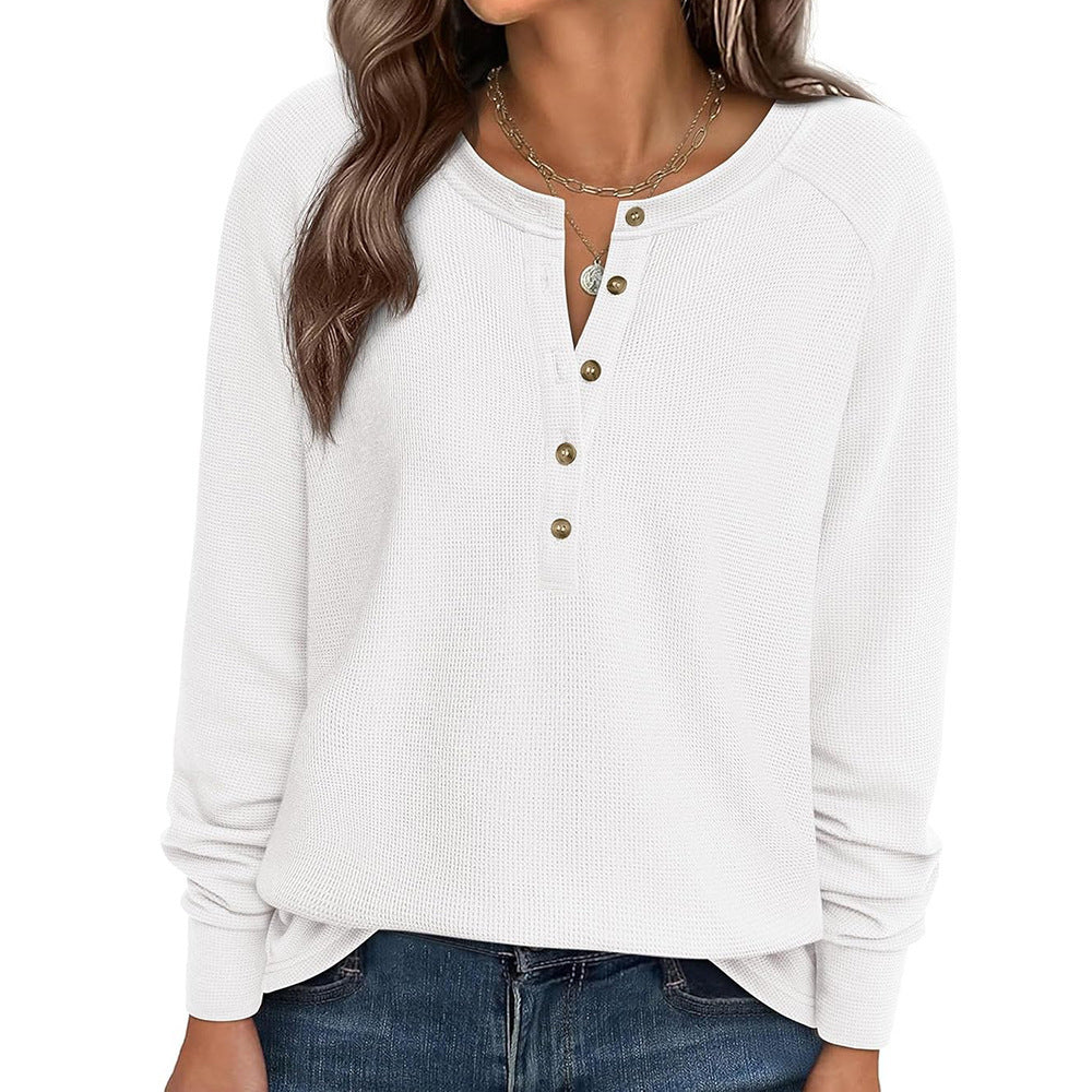 Waffle Knit Henley Top Button V Neck Long Sleeve Tee