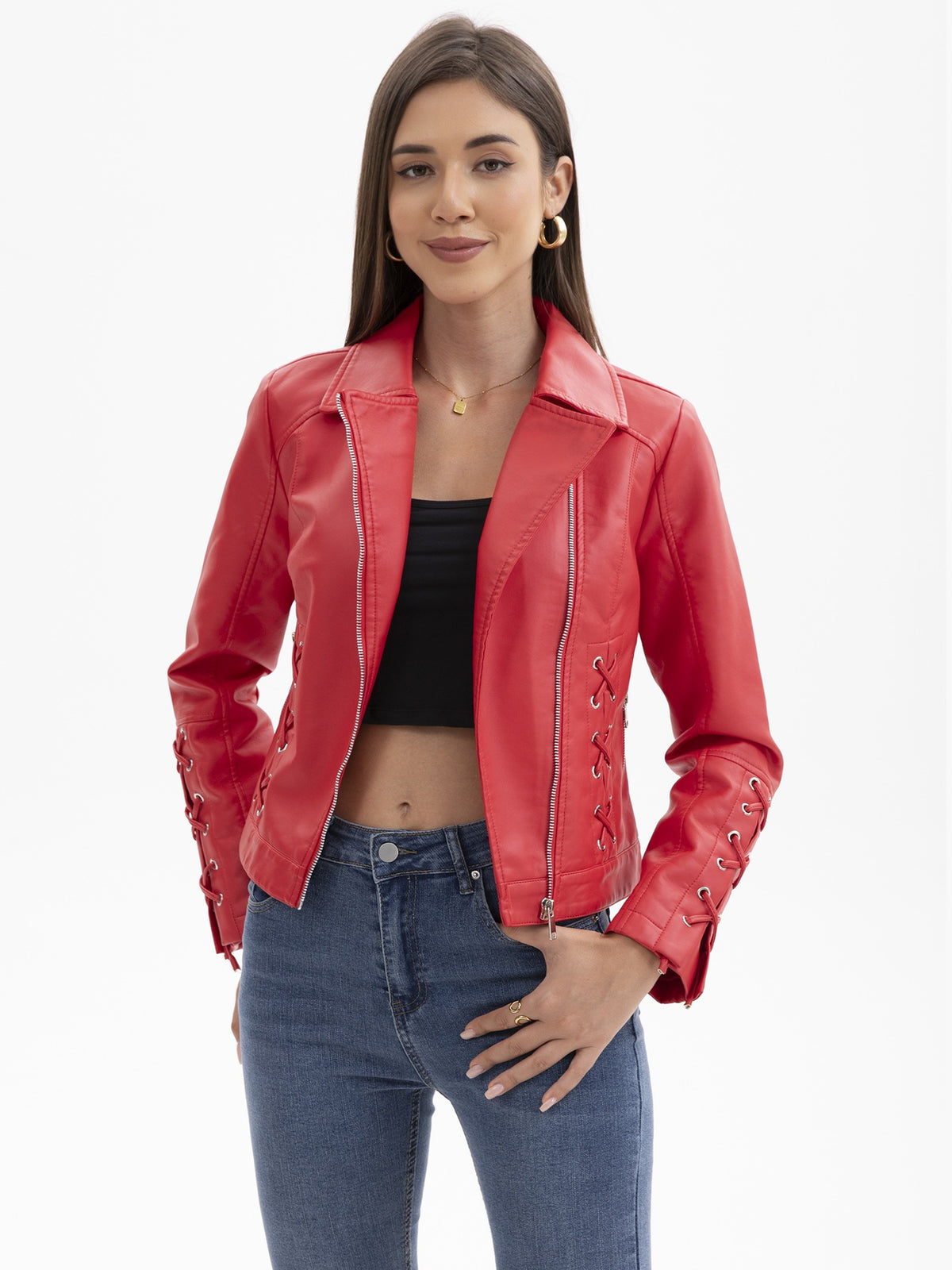Women's Faux Leather Lace Up Moto Jacket Zip Up Biker