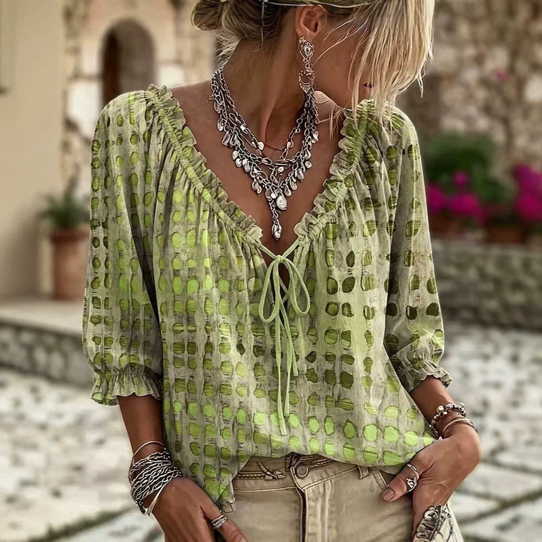 Boho Polka Dot Tie Front V Neck 3/4 Sleeve Blouse