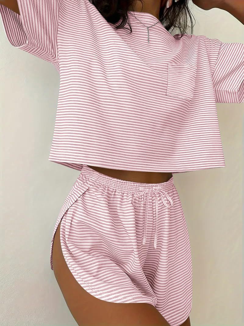 Stripe Lounge Pajama Set Tee & Drawstring Shorts