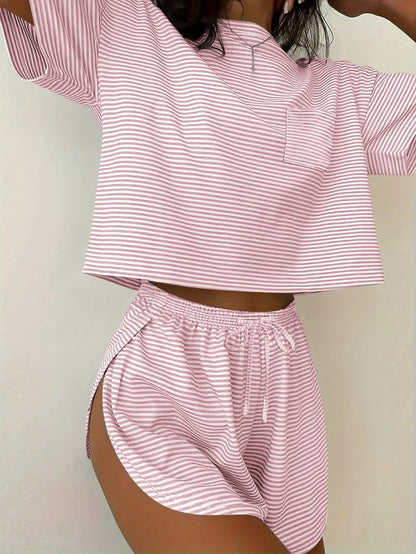 Stripe Lounge Pajama Set Tee & Drawstring Shorts