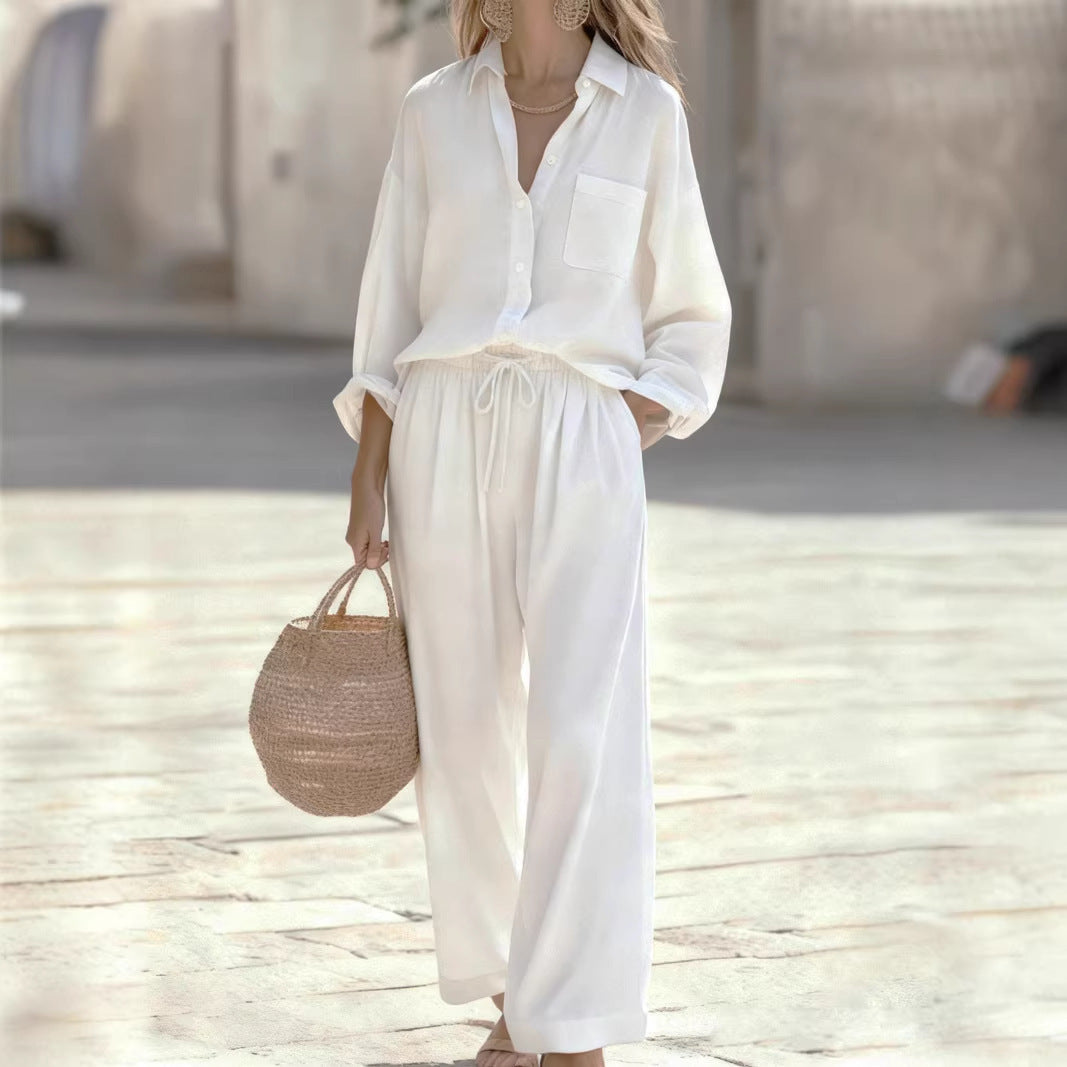Women's Linen Look Shirt Pants Two Piece Set Casual Lounge