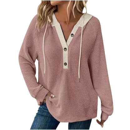 Women's Waffle Knit Color Block Henley Hoodie Long Sleeve