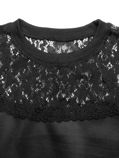 Lace Patchwork Sweatshirt Women Casual Black Pullover Top