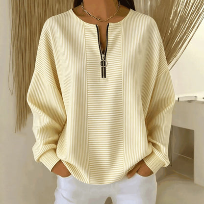 Women's Oversized Striped Half Zip Long Sleeve Top