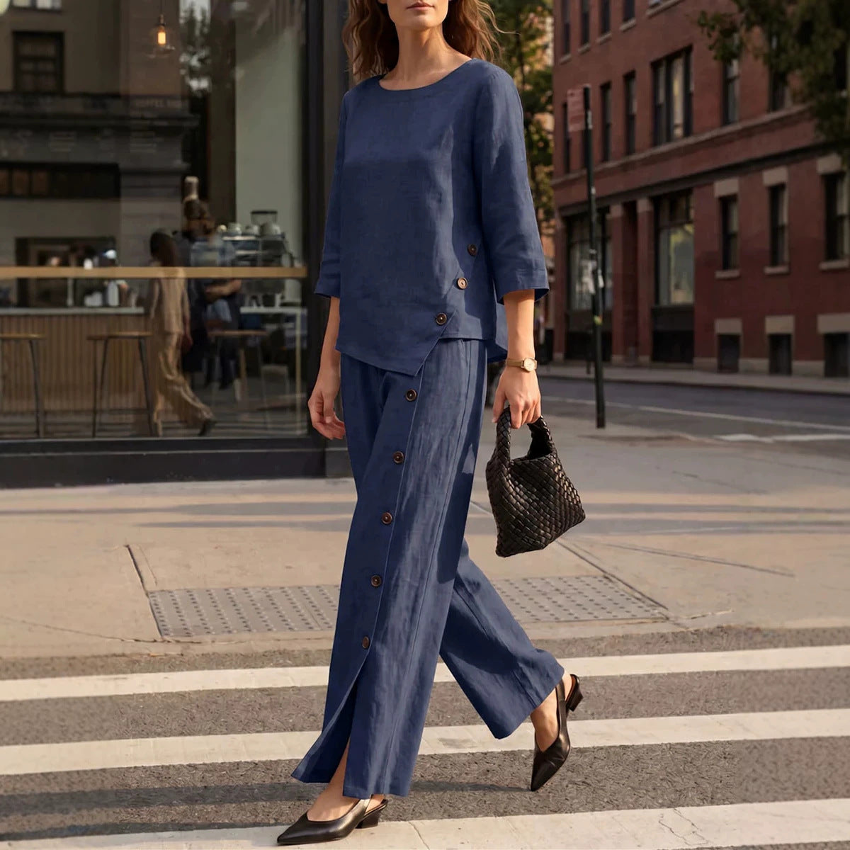Women's Linen Cotton 2 Piece Set Wide Leg Pants Summer