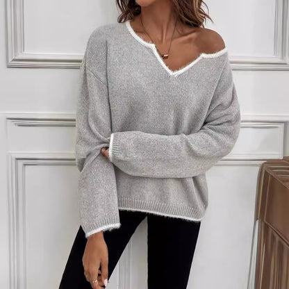 Women's V-Neck Contrast Trim Pullover Sweater