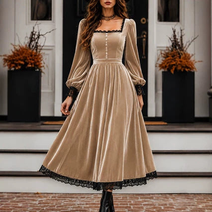 Square Neck Velvet Lace Trim Puff Sleeve Maxi Dress