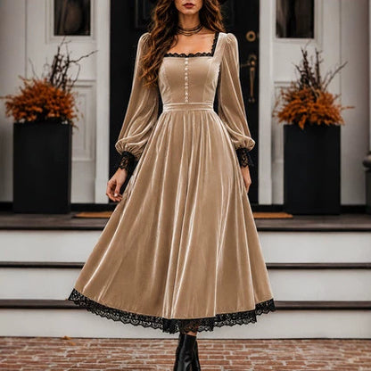 Square Neck Velvet Lace Trim Puff Sleeve Maxi Dress