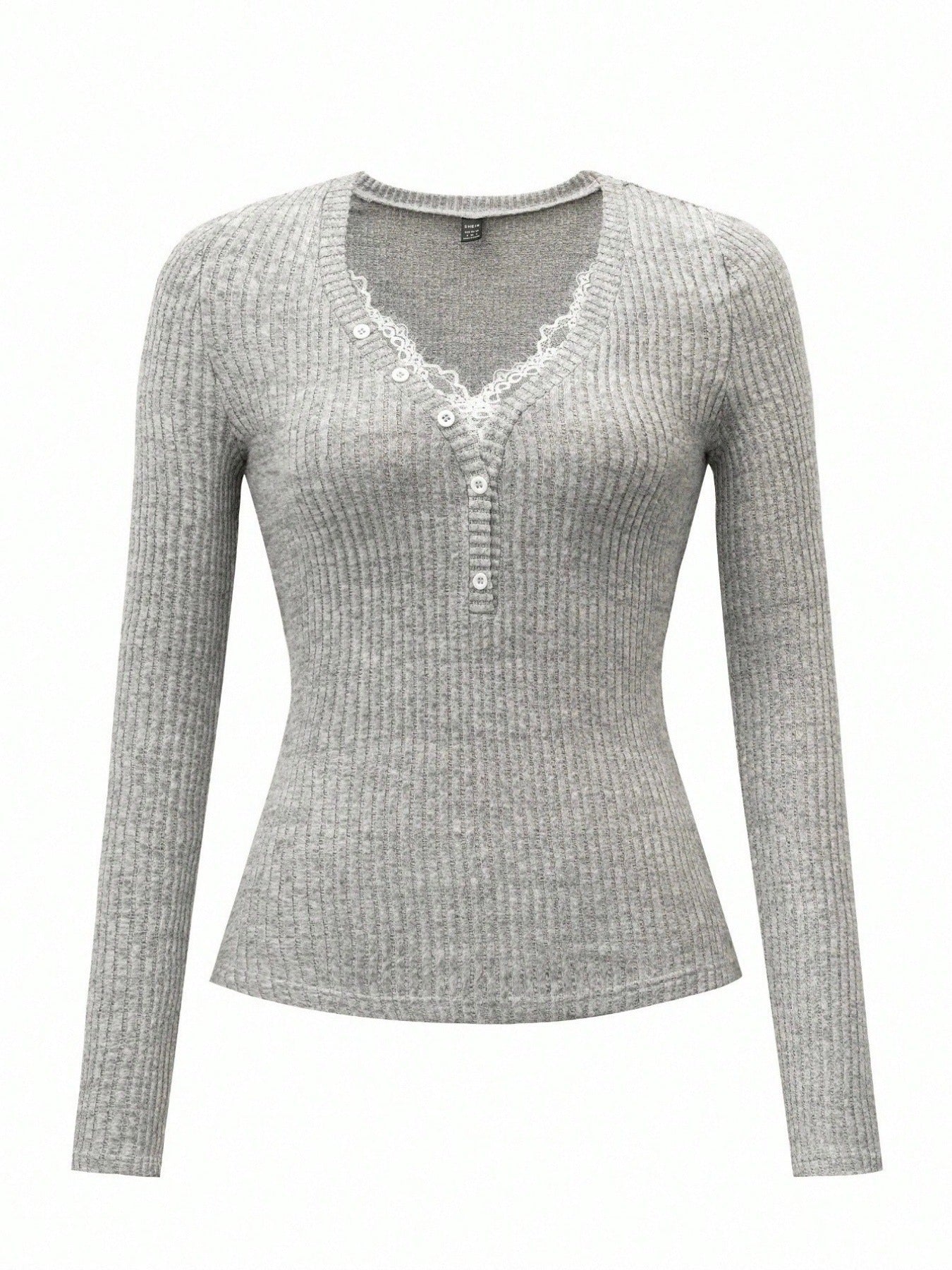 Y2K Coquette Lace Trim V Neck Ribbed Knit Top