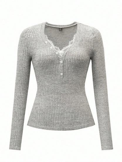 Y2K Coquette Lace Trim V Neck Ribbed Knit Top
