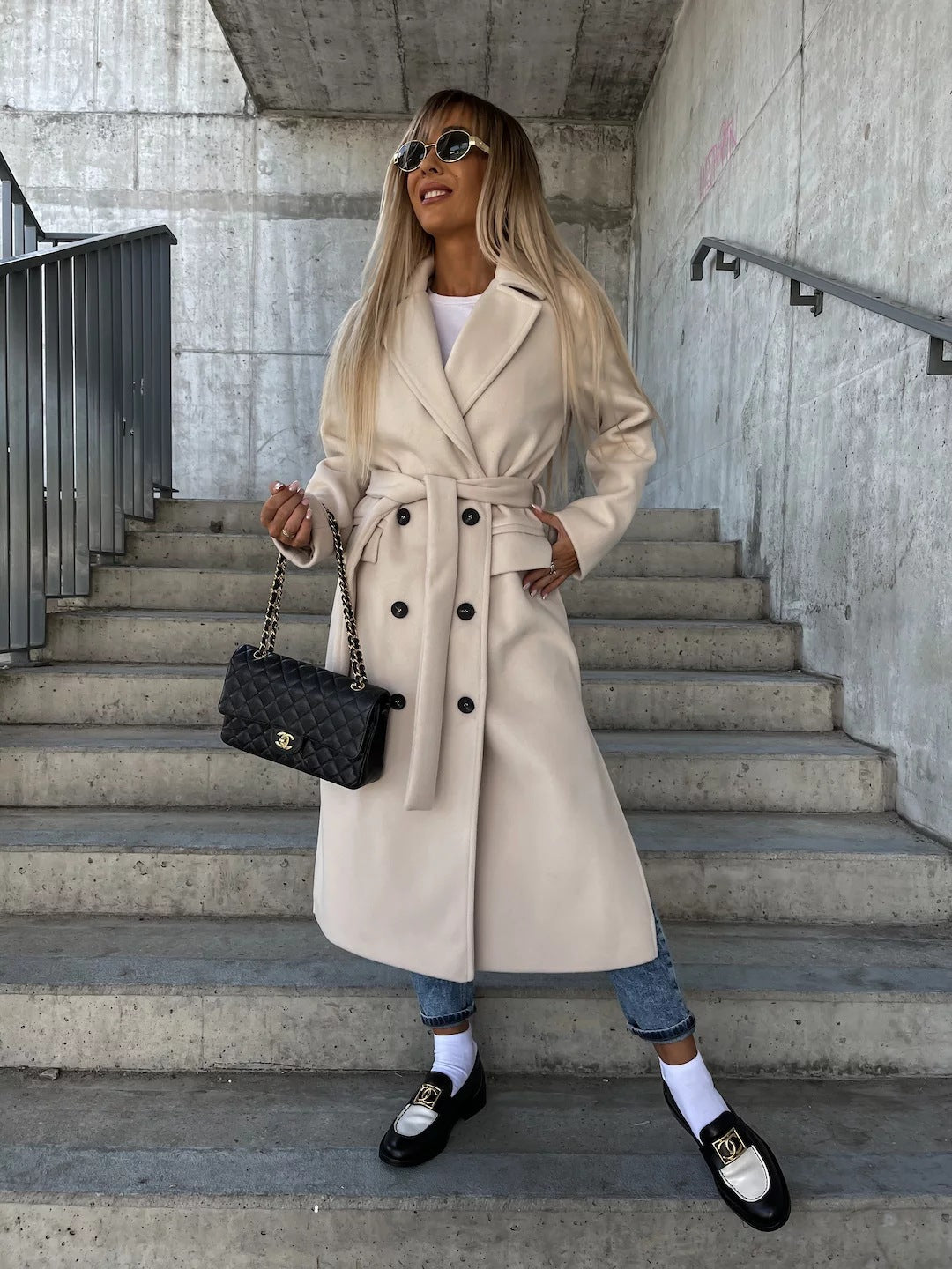 Women's Lapel Button Front Long Coat with Slit