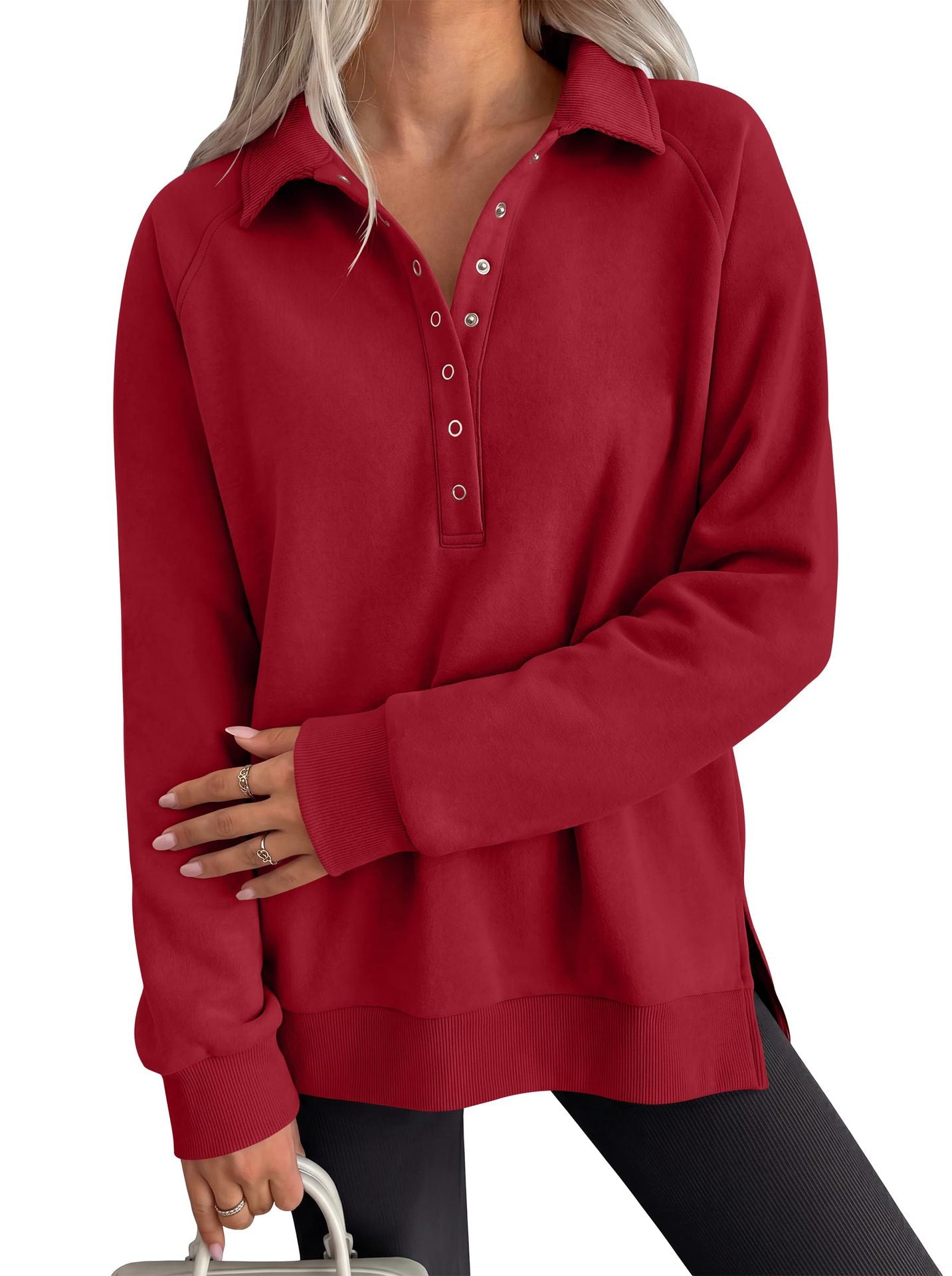 Women's Oversized Collared Button Pullover Sweatshirt